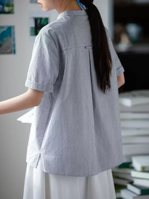 Camicia a righe estive da donna in 100% cotone con collo alto