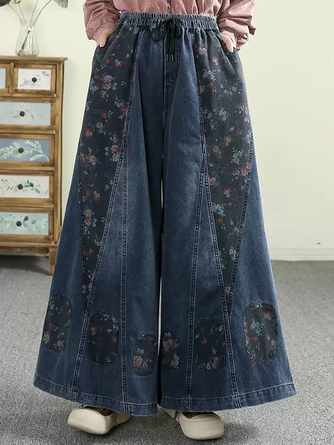 Pantaloni a gamba larga in denim con giunzioni floreali retrò primaverili da donna