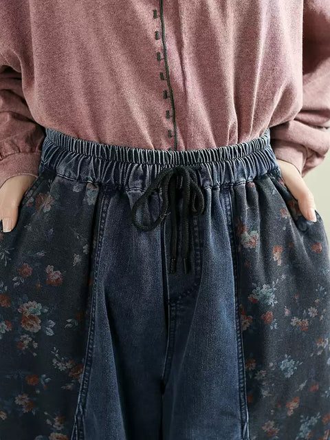 Pantaloni a gamba larga in denim con giunzioni floreali retrò primaverili da donna