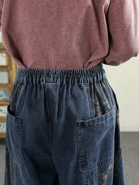 Pantaloni a gamba larga in denim con giunzioni floreali retrò primaverili da donna