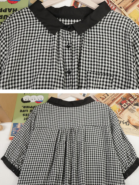 Camicia estiva da donna a quadri con colletto rovesciato in 100% cotone