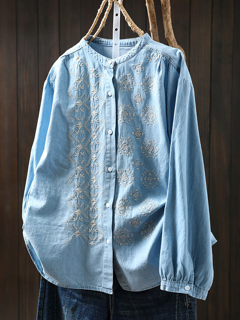 Women Spring Ethnic Embroidery 100%Cotton Shirt