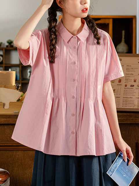 Camicia estiva da donna in cotone 100% con arricciature e colori puri, stile Artsy