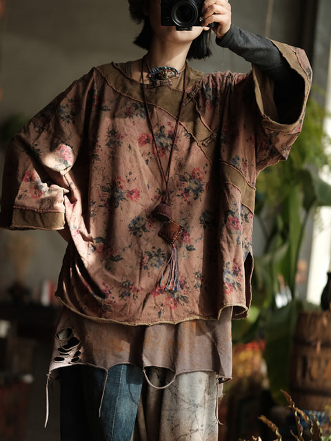 Camicia da donna estiva vintage in cotone con scollo a V e fiori