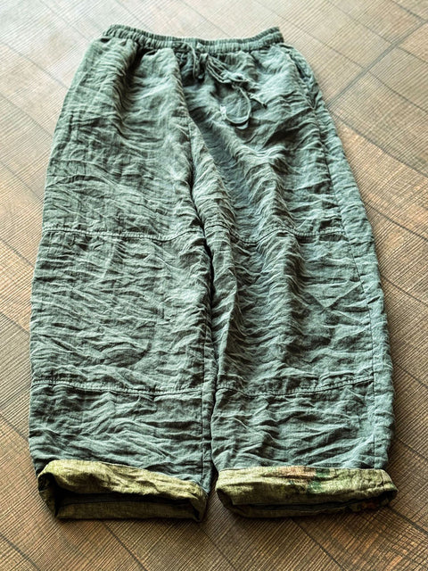 Pantaloni da donna vintage primaverili in lino a gamba larga di colore puro