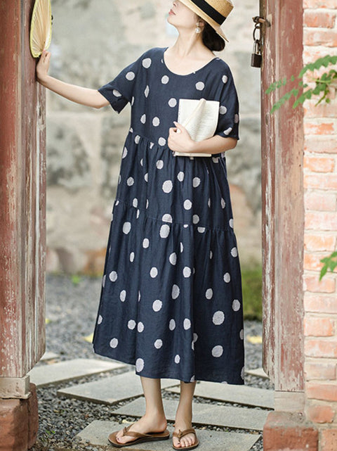 Women Summer Artsy Dot O-neck 100%Linen Dress