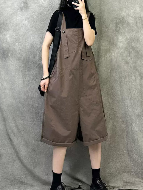 Women Summer Casual Pure Color Cotton Short Jumpsuits