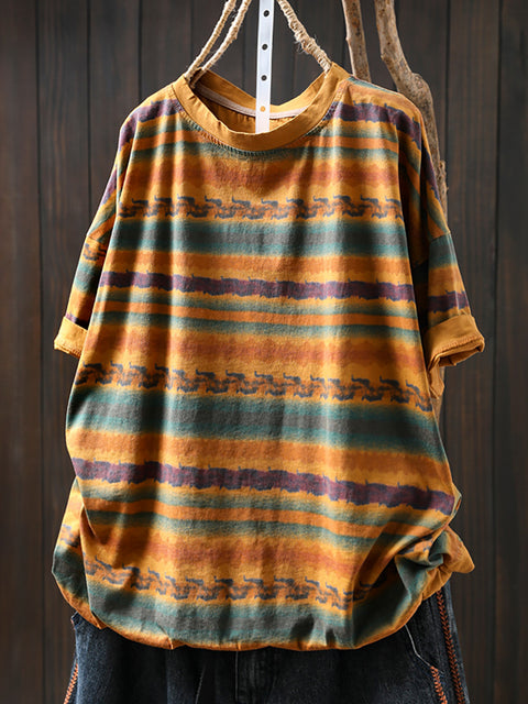 Women Summer Vintage Stripe Cotton O-Neck Shirt