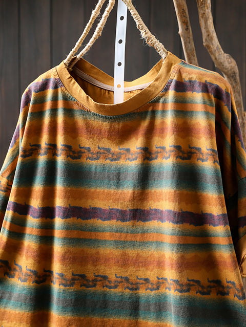 Women Summer Vintage Stripe Cotton O-Neck Shirt