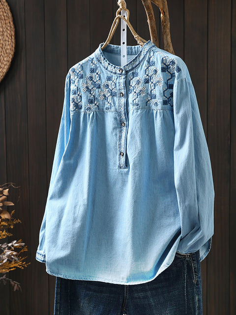 Women Spring Ethnic Embroidery 100%Cotton Denim Shirt