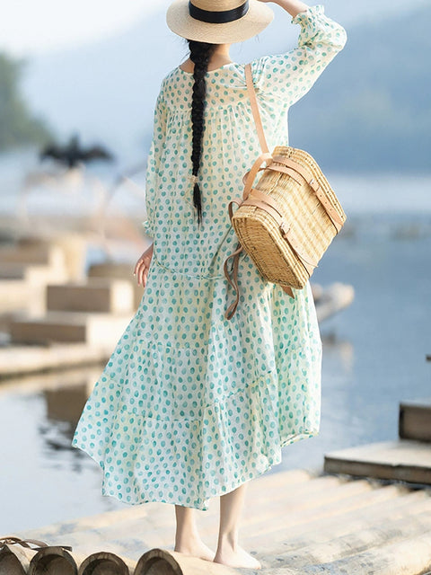 Women Summer Dot V-Neck Linen Loose Dress