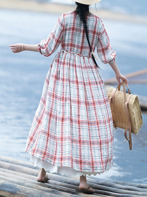 Women Spring Plaid O-Neck 100%Linen Loose Dress