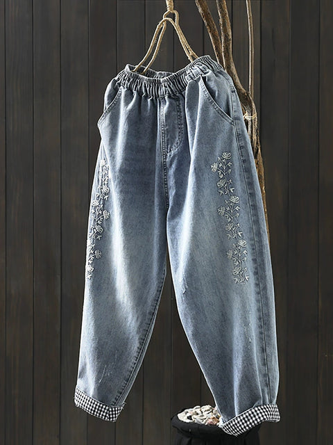 Pantaloni harem in denim con ricamo floreale retrò primaverile da donna