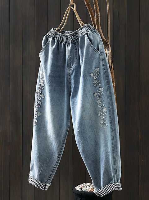 Pantaloni harem in denim con ricamo floreale retrò primaverile da donna