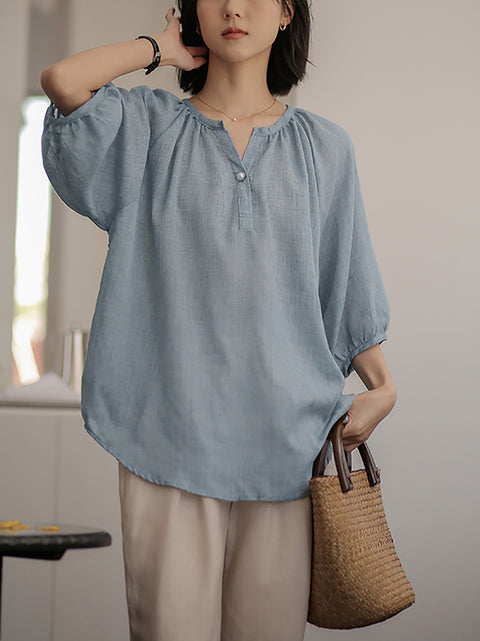 Camicia estiva da donna in cotone con scollo a V e colori puri, stile Artsy