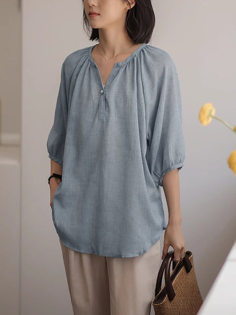 Camicia estiva da donna in cotone con scollo a V e colori puri, stile Artsy