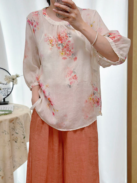 Women Summer Ethnic Flower O-Neck 100%Ramie Shirt