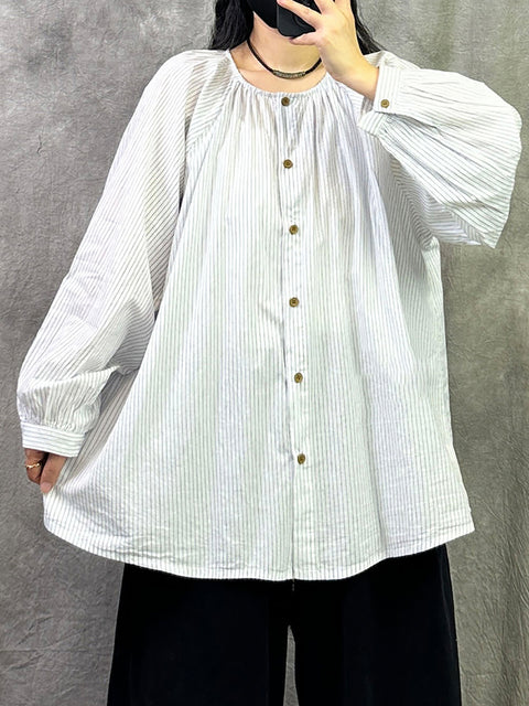 Camicia casual a righe con scollo a V e maniche lunghe da donna primaverile