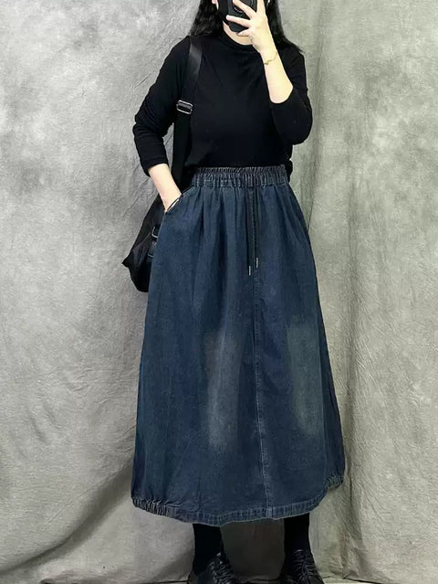 Women Summer Pure Color Loose Denim Skirt