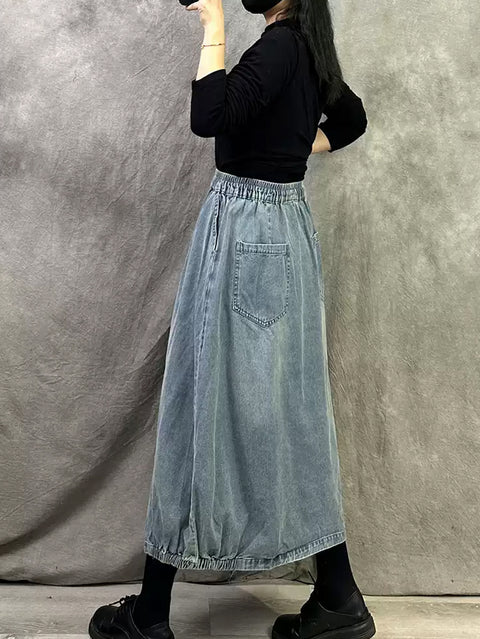 Women Summer Pure Color Loose Denim Skirt