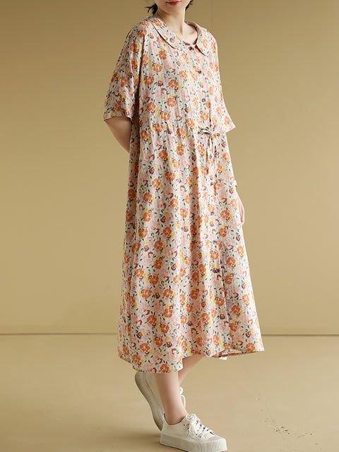 Women Summer Artsy Flower Cotton Loose Dress