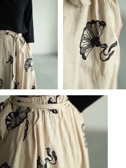 Women Summer Artsy Flower Embroidery Linen Skirt