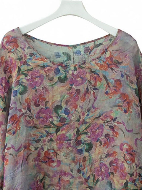 Camicia da donna con scollo a V e fiori in ramiè, primavera artistica