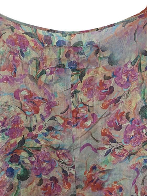 Camicia da donna con scollo a V e fiori in ramiè, primavera artistica