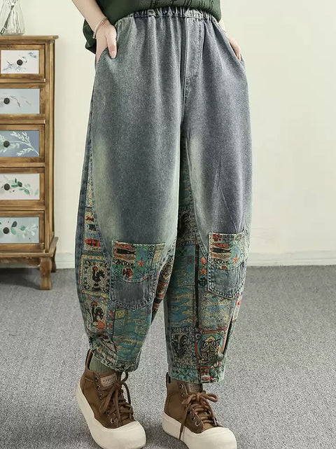 Pantaloni in denim harem con toppe retrò primaverili da donna