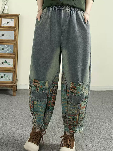 Pantaloni in denim harem con toppe retrò primaverili da donna