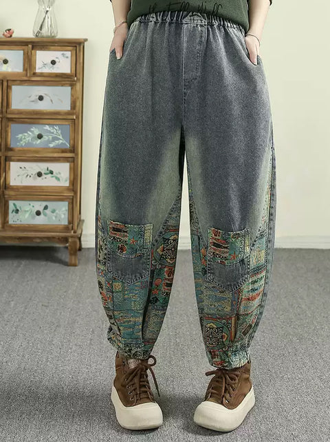 Pantaloni in denim harem con toppe retrò primaverili da donna