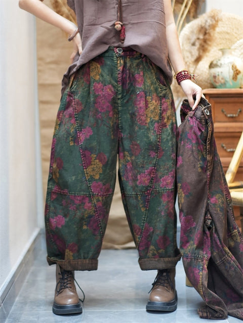 Pantaloni harem in cotone con fiori retrò primaverili da donna