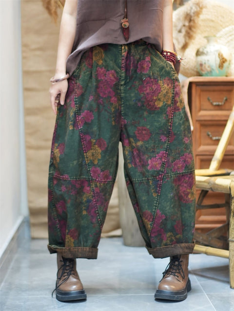 Pantaloni harem in cotone con fiori retrò primaverili da donna