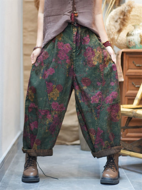 Pantaloni harem in cotone con fiori retrò primaverili da donna