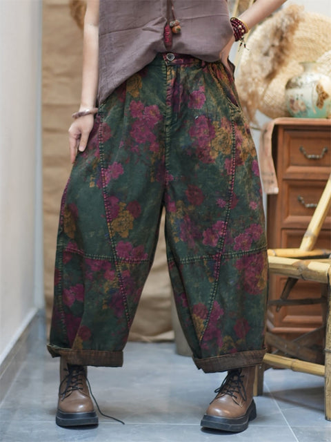 Pantaloni harem in cotone con fiori retrò primaverili da donna