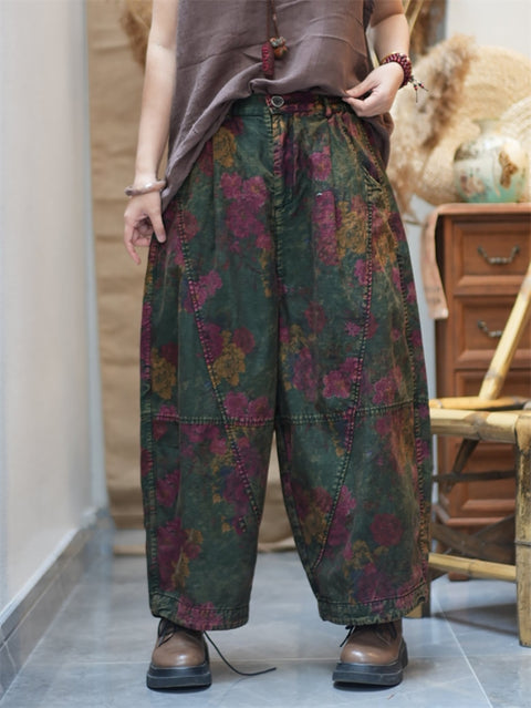 Pantaloni harem in cotone con fiori retrò primaverili da donna