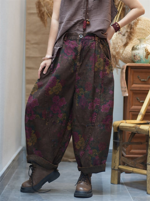 Pantaloni harem in cotone con fiori retrò primaverili da donna