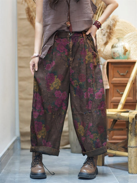 Pantaloni harem in cotone con fiori retrò primaverili da donna