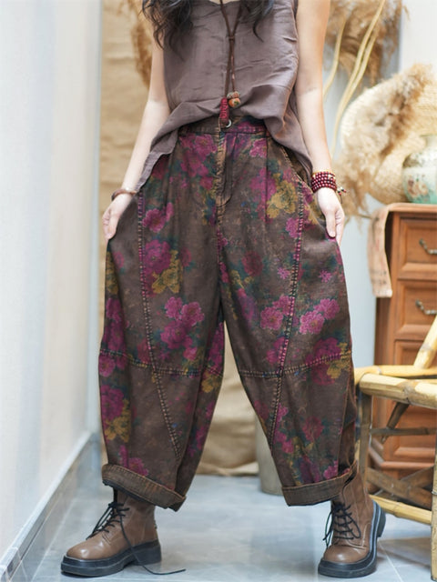 Pantaloni harem in cotone con fiori retrò primaverili da donna