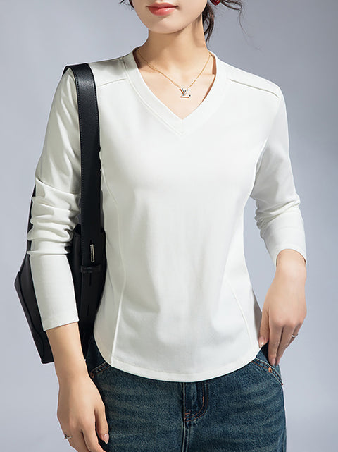 Women Spring Casual V-Neck Pure Color Blouse