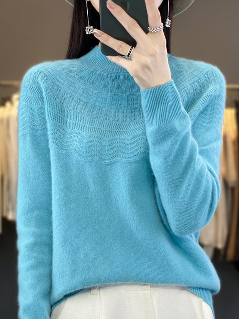 Women Autumn Cable Knit 100%Wool Half Turtleneck Sweater