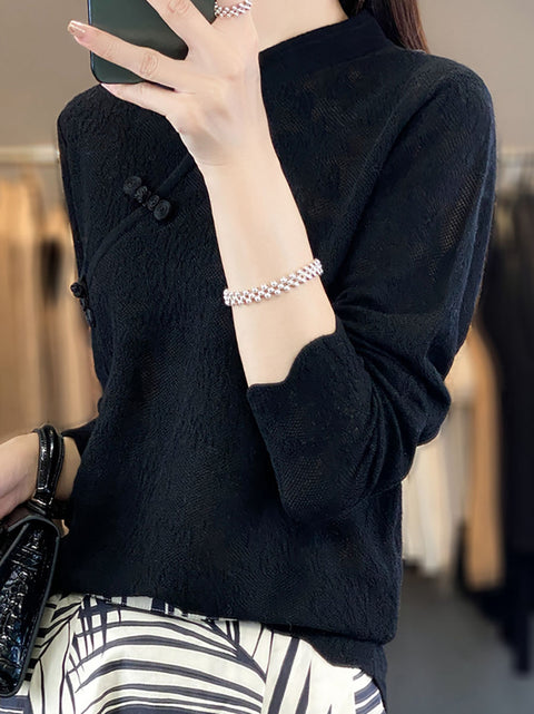 Women Autumn Wool Stand Collar Lace Knit Sweater