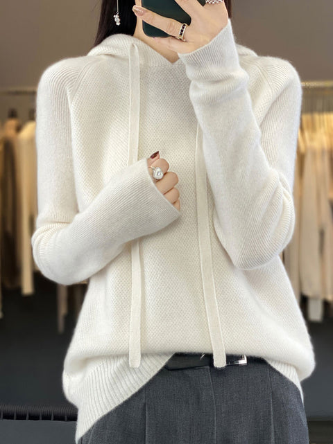 Women Winter Casual Solid Hooded Wool Sweater