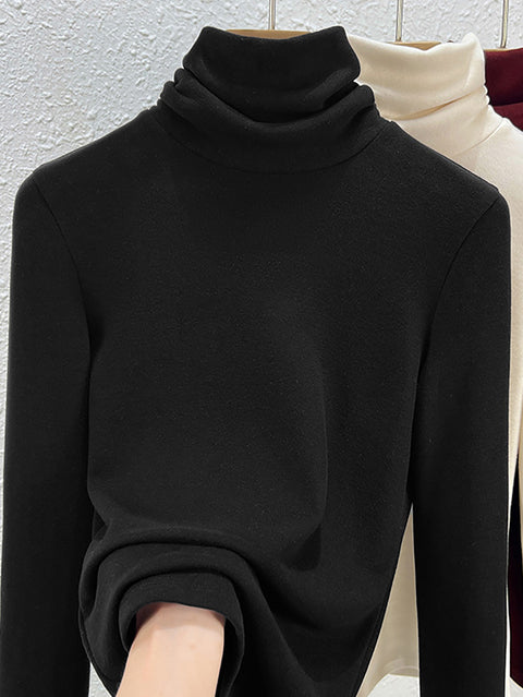 Women Winter Casual Turtleneck Buttom Fleece Blouse