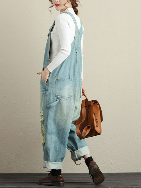 Women Summer Retro Frayed Pocket High-Waist Denim Jumpsuits