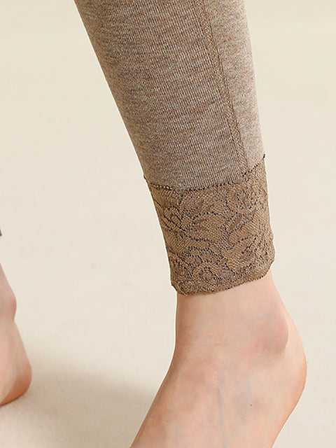 Women Winter Warm High Waist Lace Cashmere Leggings