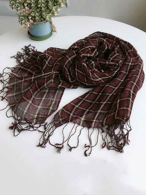 Women Summer Plaid Linen Tassel Shawl Scarf