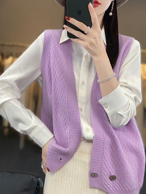 Women Casual Wool Solid V-Neck Irregular Hem Knit Vest