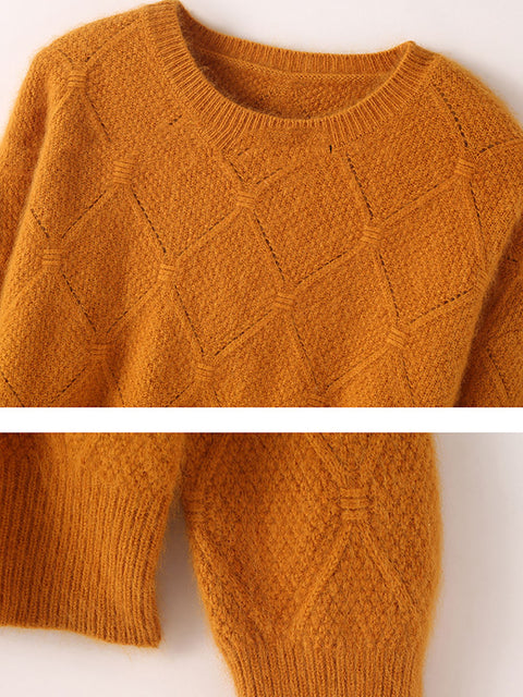 Women Autumn O-Neck Solid Rhomboids Wool Warm Knit Sweater