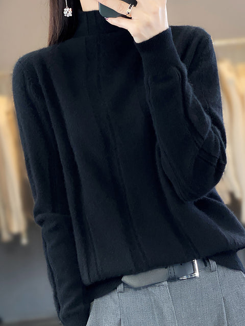 Women Autumn Half-Turtleneck Knit 100%Wool Sweater